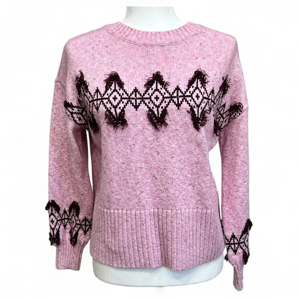 LOFT Fringe Fair Isle Pink and Black Patterned Crew Neck Sweater, M - Picture 3 of 5